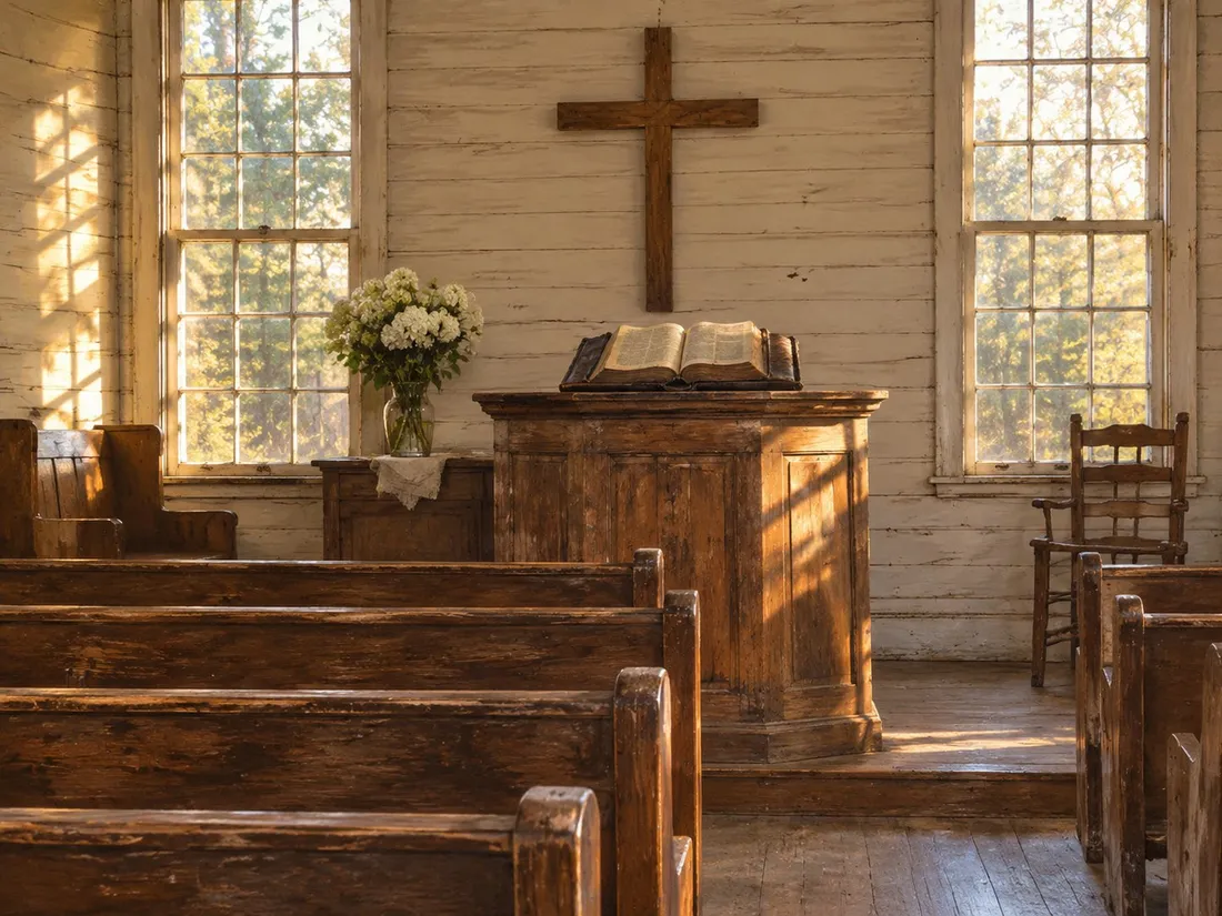 An old wooden country church with an open Bible on the pulpit